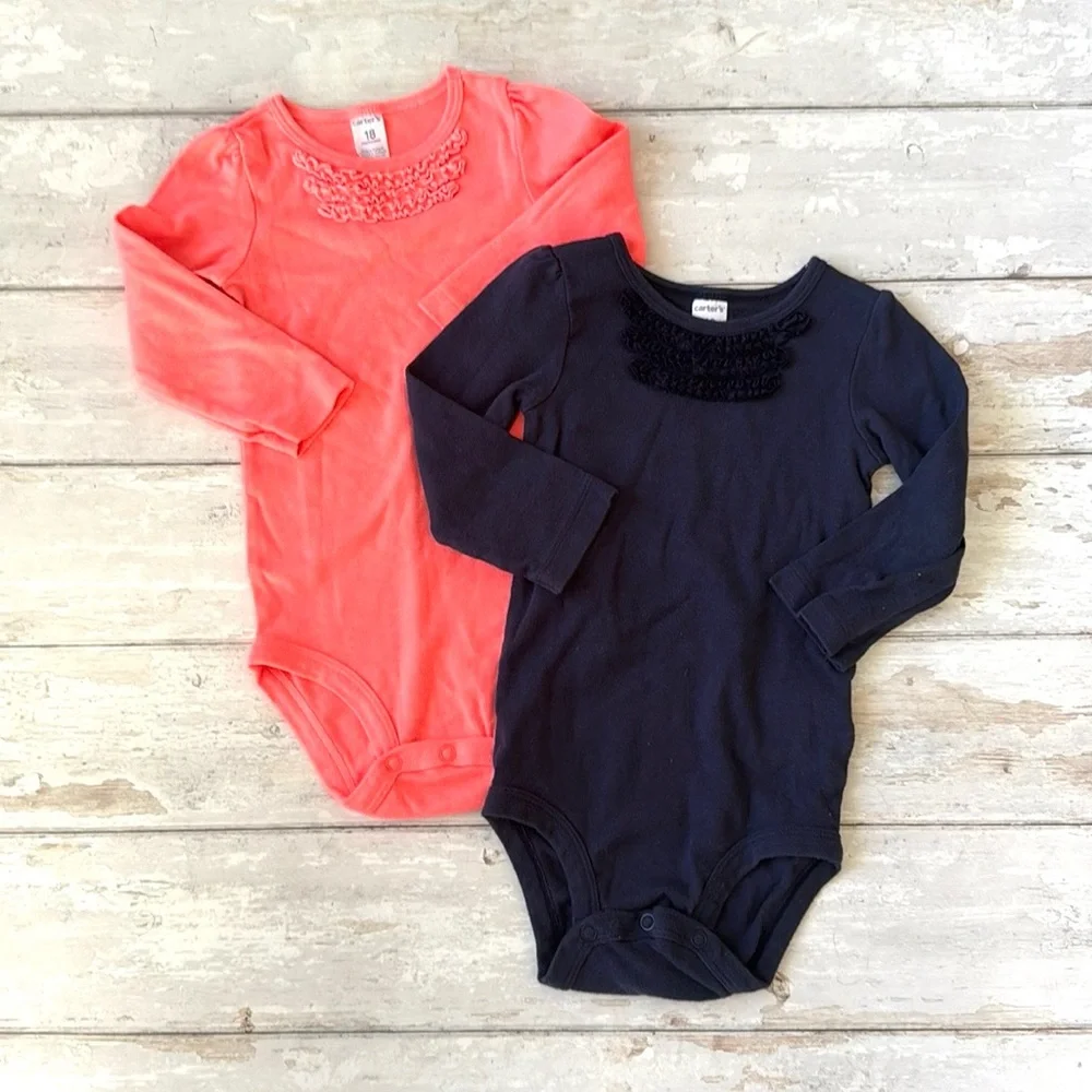Carters 18m Baby Girls Long Sleeve Onesies Bundle Set of 2 Navy Blue Hot Pink